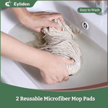 Eyliden String Mop with 2 Reusable Mop Heads, Non-Touch Replacement, Adjustable Cotton Mops for Floor Cleaning, No-Scratch Absorbent Classic Mop for Tile Concrete Wood Floor Kitchen Bathroom