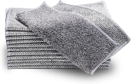 12 Pcs Upgraded 2-Layer Bamboo Charcoal Fibre Non Scratch Wire Dishcloth,Multipurpose Wire Dishwashing Rags for Wet and Dry for Dishes, Sinks, Stove Tops