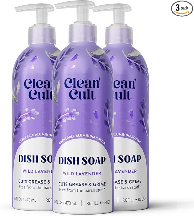 Cleancult - Wild Lavender - Liquid Dish Soap - Refillable Aluminum Bottle - Dish Soap that Cuts Grease & Grime - 16 oz - 3 Pack