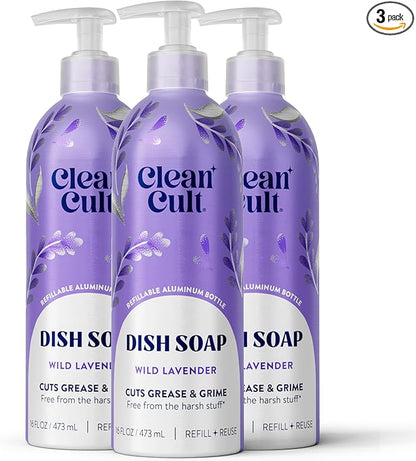 Cleancult - Wild Lavender - Liquid Dish Soap - Refillable Aluminum Bottle - Dish Soap that Cuts Grease & Grime - 16 oz - 3 Pack