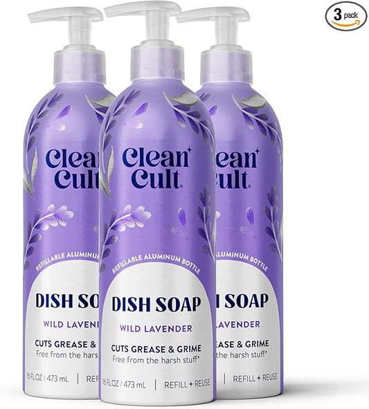 Cleancult - Wild Lavender - Liquid Dish Soap - Refillable Aluminum Bottle - Dish Soap that Cuts Grease & Grime - 16 oz - 3 Pack