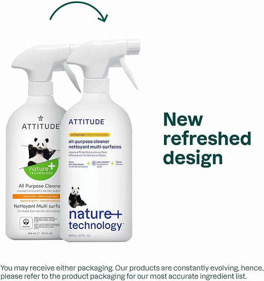 ATTITUDE All Purpose Cleaner, EWG Verified Multi-Surface Products, Vegan, Naturally Derived Multipurpose Cleaning Spray, Citrus Zest, 27.1 Fl Oz (Pack of 6)