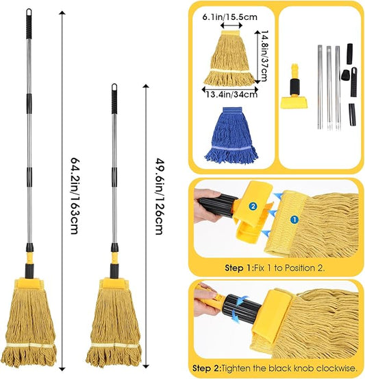 Commercial Mop, Looped-End String Industrial Mop, Heavy Duty Mops with 2 String Mop Heads for Floor Cleaning, Blue and Yellow