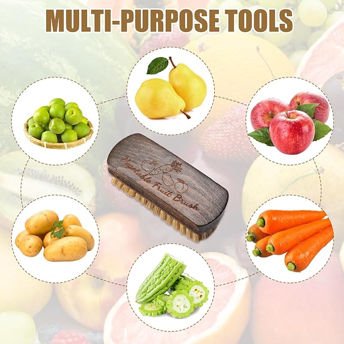 Vegetable Brush Set - 2 Pack, Potato Scrubber, Carrot, Corn & Mushroom Brush with Wood Handle