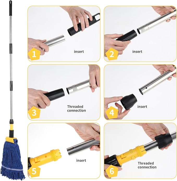 Commercial Mop, Looped-End String Industrial Mop, Heavy Duty Mops with 2 String Mop Heads for Floor Cleaning, Blue and Yellow