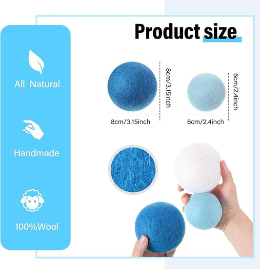 24 Pack Blue Wool Dryer Balls, 3.15'', 2.4'' Reusable Laundry Balls Wool Balls Natural No Lint Fabric Softener Balls for Clothing Wrinkles