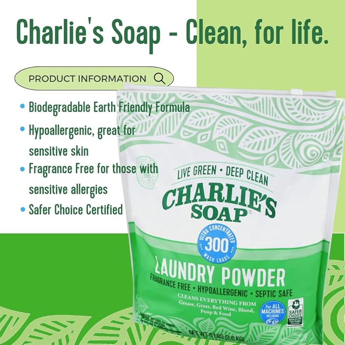 Charlie's Soap Hypoallergenic Laundry Powder 8lb Bag, Pack of 2, 600 Loads Total, Deep Cleaning Washing Detergent – Eco-Friendly, Safe, and Effective