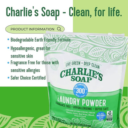 Charlie's Soap Hypoallergenic Laundry Powder 8lb Bag, Pack of 2, 600 Loads Total, Deep Cleaning Washing Detergent – Eco-Friendly, Safe, and Effective