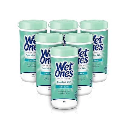 Wet Ones Hand and Face Wipes, Sensitive Skin Wipes | Unscented Wipes, Hand and Face Wipes Sensitive Skin, Wet Ones Sensitive Skin Wipes, 40 ct. Canister (6 pack)