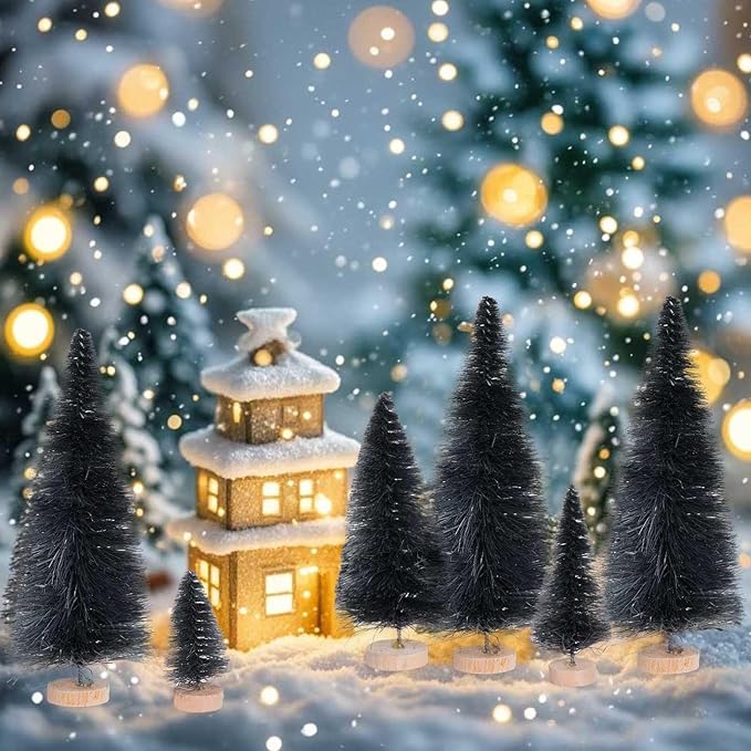 Yookat 40Pcs Mini Pine Trees Artificial Mini Trees with Wood Base Sisal Trees Bottle Brush Trees Assorted Color for Christmas Decoration Winter Ornaments DIY Crafts (Black)