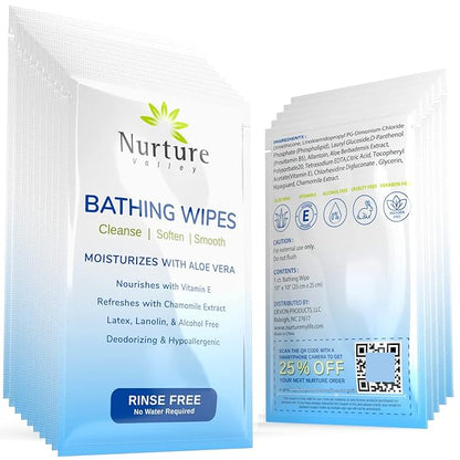 Nurture Rinse Free Bathing Wipes for Adults w/Aloe Waterless Cleansing for sensitive skin Disposable Adult Body Bath Wet Wipe for Disabled Bedridden (Pack of 40 (individually wrapped))
