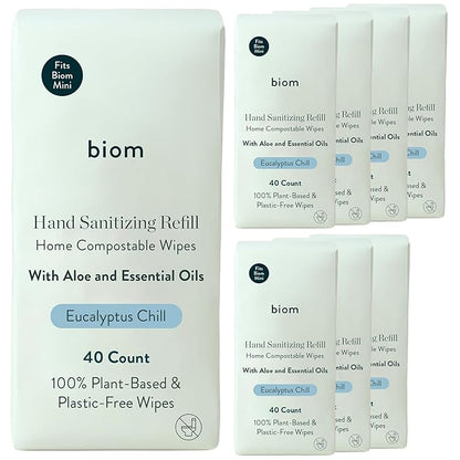 Biodegradable Hand Sanitizing Mini Wipes 8-Pack Refill Kit - Kid-Safe | Plant-Based Hand Wipes for Home & Travel | Natural, Non-Toxic Wet Wipe with Aloe for Soft Skin | Eucalyptus Chill