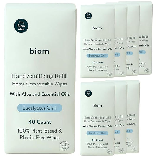 Biodegradable Hand Sanitizing Mini Wipes 8-Pack Refill Kit - Kid-Safe | Plant-Based Hand Wipes for Home & Travel | Natural, Non-Toxic Wet Wipe with Aloe for Soft Skin | Eucalyptus Chill
