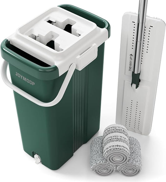 JOYMOOP Heavy Duty Commercial Mops for Floor Cleaning, Wet Dry Mop and Bucket Set with Large Capacity Forest Green Bucket, Includes 3 Reusable 17-Inch Microfiber Pads