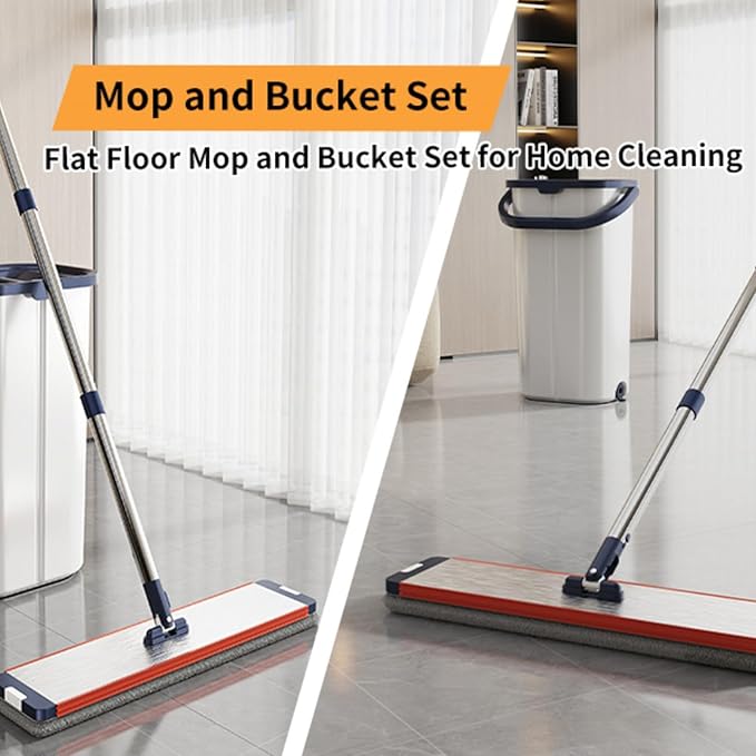 Mop Bucket with Wringer, Ultra-Fine Fiber Stainless Steel Flat Mop Bucket Set, Reusable Ultra-Fine Fiber Mop Pad, Suitable for Floor, Wall, Glass Multi-Purpose Cleaning