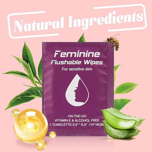 Feminine Wipes Individually Wrapped, Flushable Wipes Travel,Travel Wipes for Women,Feminine Care Wet Wipes Travel Size Vaginal Wipes for Adult, Girl and Homeless (unscent,50)