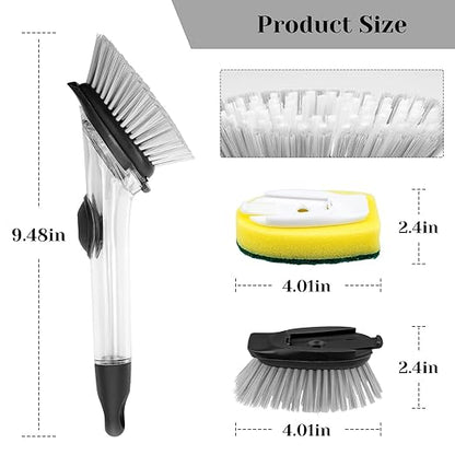 Soap Dispensing Dish Brush Set, Kitchen Brush with 4 Brush Replacement Heads, 2 Adhesive Hooks, Dish Wand Scrub Brush for Dishes Sink Pot Pan Cleaning