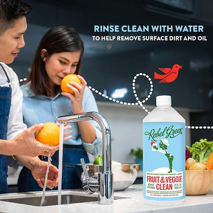 Rebel Green Fruit & Veggie Wash - Natural Produce Wash - Plant-Based, Sustainable Fruit and Vegetable Wash with No Aftertaste (32oz Refill Bottle)