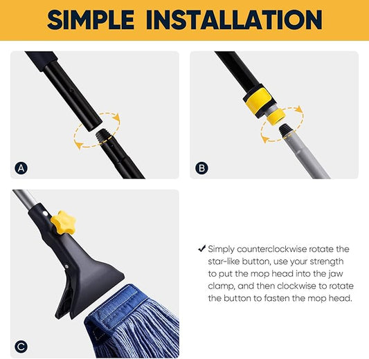 Yocada Looped-End String Wet Mop Heavy Duty Cotton Mop Commercial Industrial Grade Telescopic Iron Pole Jaw Clamp Floor Cleaning 55.1 inch