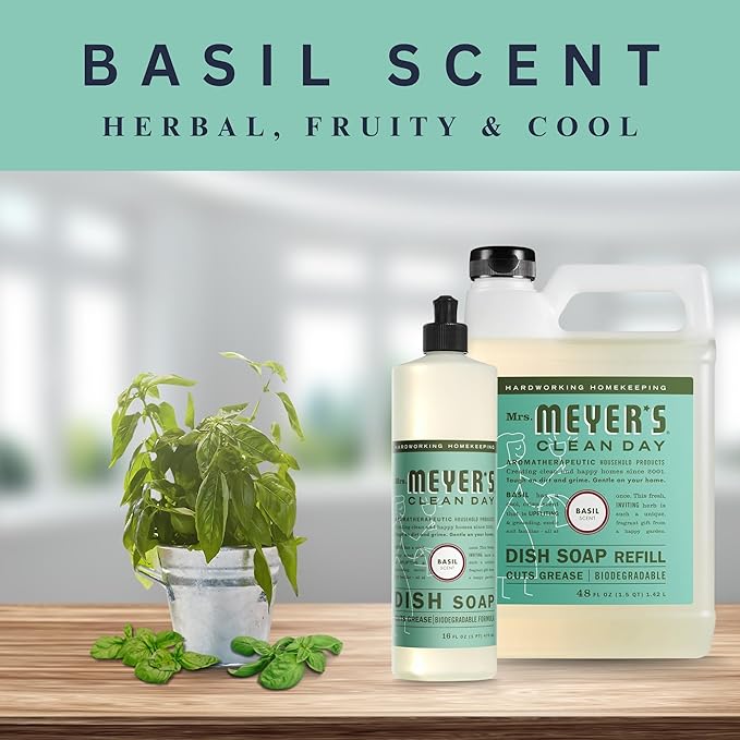 Mrs. Meyer's Basil Dish Soap Set - 16oz Bottle, 48oz Refill, and Dual-Sided Microfiber & Scrubbing Towel