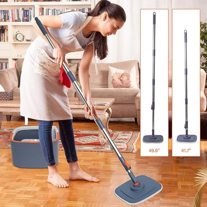 Spin Mop and Bucket Set with 3 Replaceable Microfiber Mop Pads, Self-Separating Clean and Dirty Water System, Self-Wringing 360° Rotating Square Mop Head for Hardwood, Tile, and Marble Floors