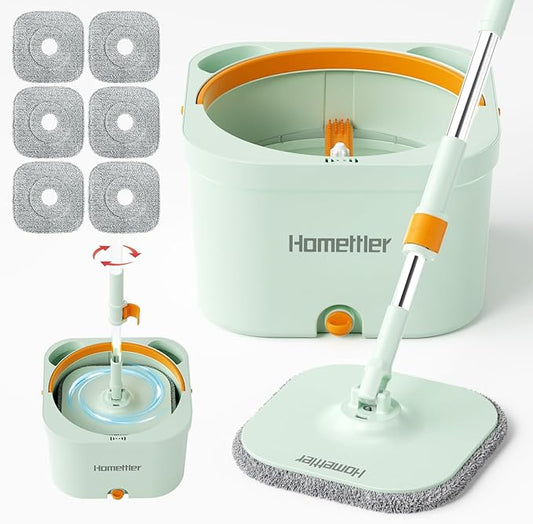 Spin Mop and Bucket with 6 Microfibra Replaceable Mop Pads, Self Separation Dirty and Clean Water System Self Wringing 360° Rotating Square Mop-Head (1 Bucket + 52'' Mop + 6 Microfibra Pads)