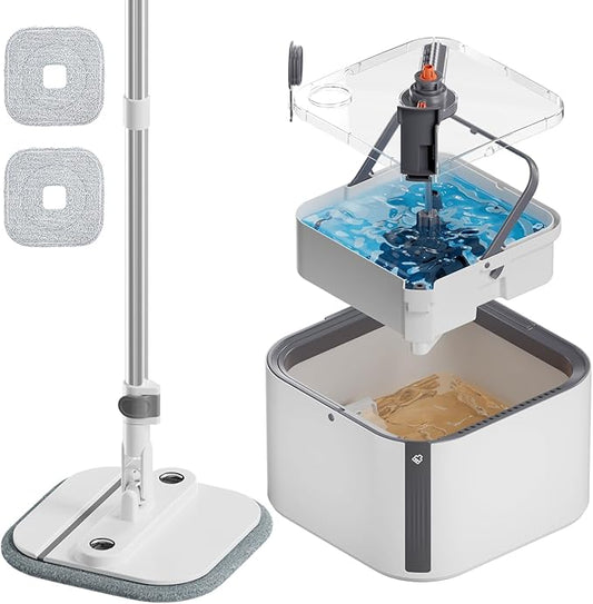 Upgraded Spin Mop and Bucket System Set, Self Separate Clean and Dirty Water, Foldable Square Standing Mop Head with Microfiber Mop Pads, Detachable Bucket (Grey, Mop Set with 2PC Pads)
