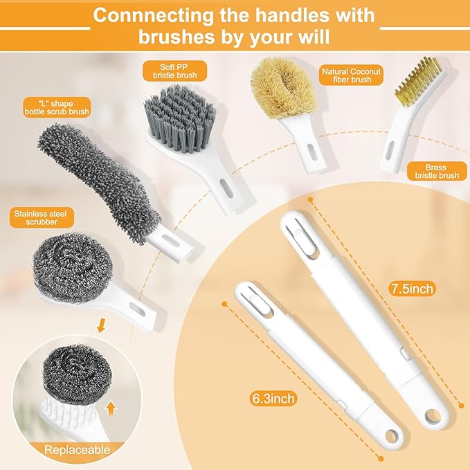 Dish Brush Set of 7 with Holder for Scrubing Dishes Pots Pans Bowls Plates Bottles Sinks Grills Kitchen Counter Microwaves,Organize in 1,Easy Storage,Compact design,Exchangeable handle,Drainage Design