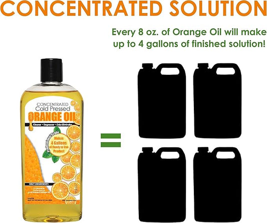 Cold Pressed Natural Orange Oil Concentrate | 8-ounce Professional Grade All-Purpose Citrus Cleaner, Degreaser & Pet Odor Eliminator | Dilutes to 4 Gallons of Finished Product | Home and Outdoor Use