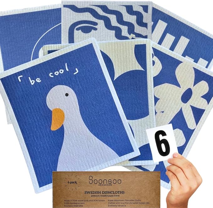 SOONSOO Swedish Dishcloths 6Pack Absorbent Eco-Friendly Reusable Cleaning Cloths for Kitchen - Multi-Purpose Machine Washable, Compostable, Quick Drying Zero Waste Cellulose Kitchen Cloths (Blue)