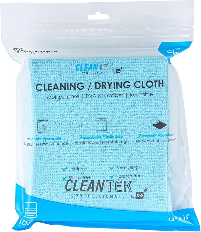 Clean Tek Professional 13 x 15 Inch Cleaning Cloths, 5 Reusable Cloth Towels - Machine Washable, Absorbent, Blue PVA Microfiber Cleaning Rags, Fast Drying, For Windows Or Cars - Restaurantware