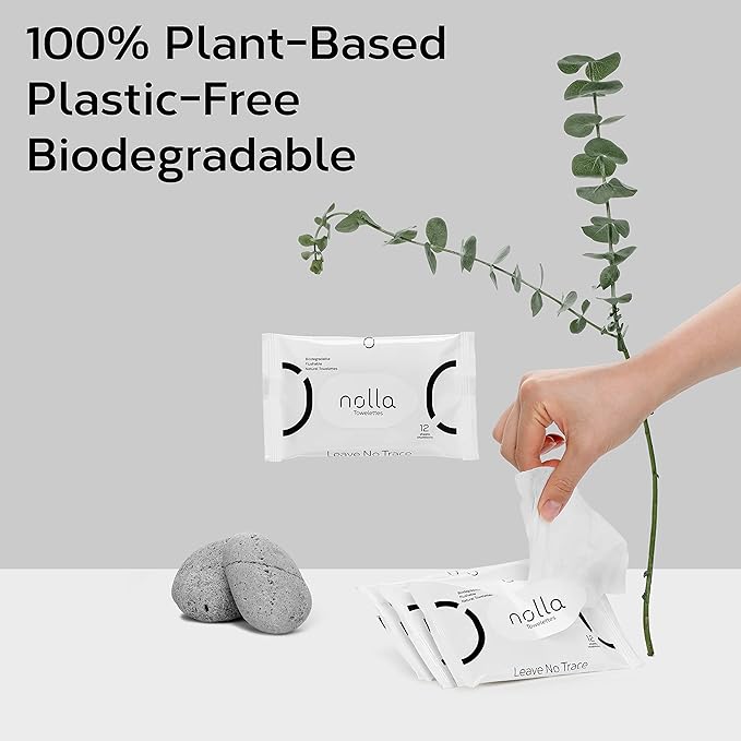 Nolla Flushable Wipes Travel Packs, 100% Plant-Based, Plastic-Free and Biodegradable - Unscented + Soothing Aloe and Vitamin E 240 Count (20 Packs of 12)