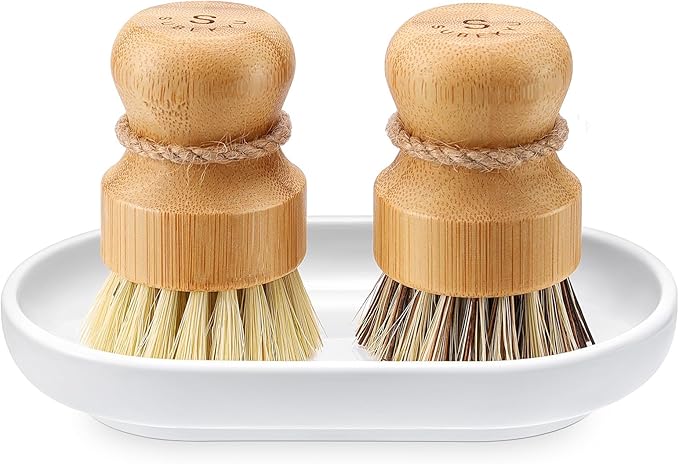 SUBEKYU Bamboo Dish Scrub Brushes, Bubble Up Bamboo Dish Brush Set with Brush Tray, Kitchen Wooden Cleaning Scrubbers Set for Washing Cast Iron Pan/Pot, Natural Sisal +Coconut Palbristles, Set of 2
