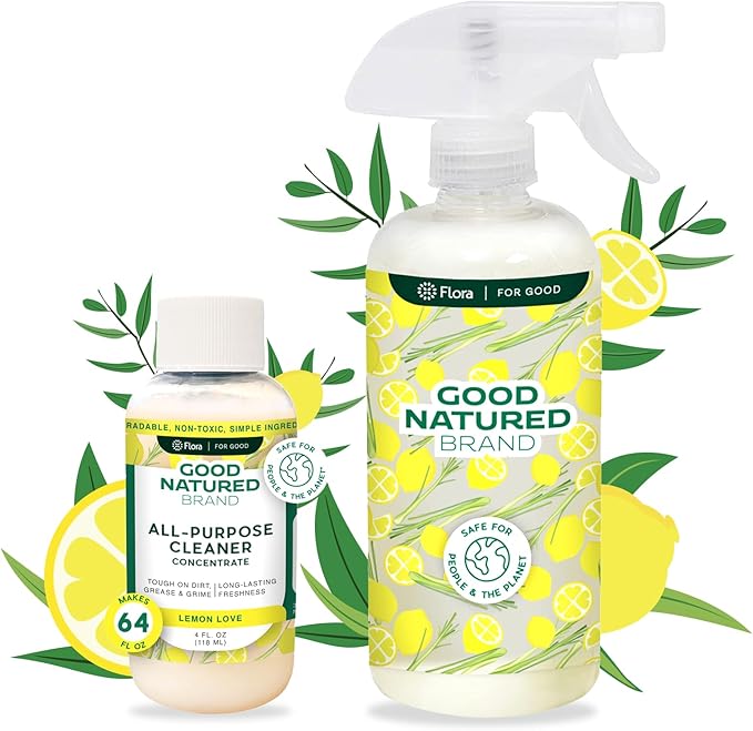Good Natured Brand All-Purpose Cleaner Concentrate + 16 oz Bottle | Multi-Surface Cleaner | Natural Lemon Essential Oil | Multipurpose Cleaner All Surfaces | Lemon Love | 4oz makes 64oz