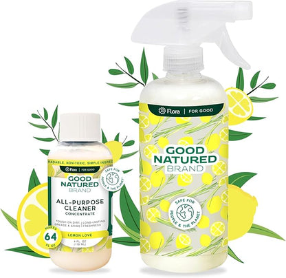 Good Natured Brand All-Purpose Cleaner Concentrate + 16 oz Bottle | Multi-Surface Cleaner | Natural Lemon Essential Oil | Multipurpose Cleaner All Surfaces | Lemon Love | 4oz makes 64oz