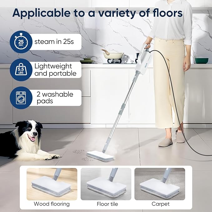 Steam Mop for Floor Cleaning, Steam Cleaner for Home with Handheld 6-in-1 Multi-function Attachments for Hardwood Floors, Clothes, Windows, Tiles Grout, Furniture Cleaning (White-Gray)