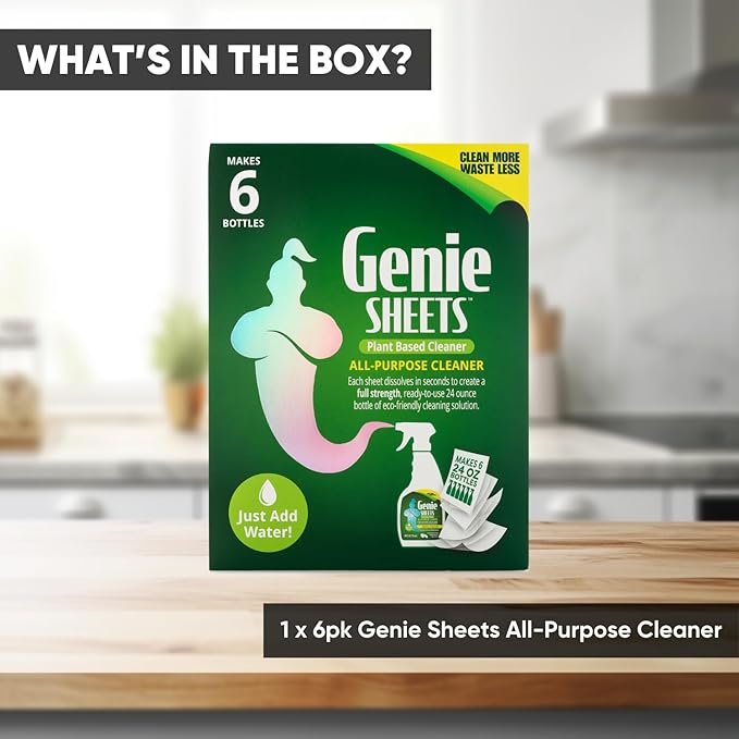 Genie Sheets All Purpose Cleaner | Concentrate Makes 6 24oz Refills | Professional-Strength | Just Add Water | Sustainable Eco-Friendly Plant-Based Solution | 6 Sheets