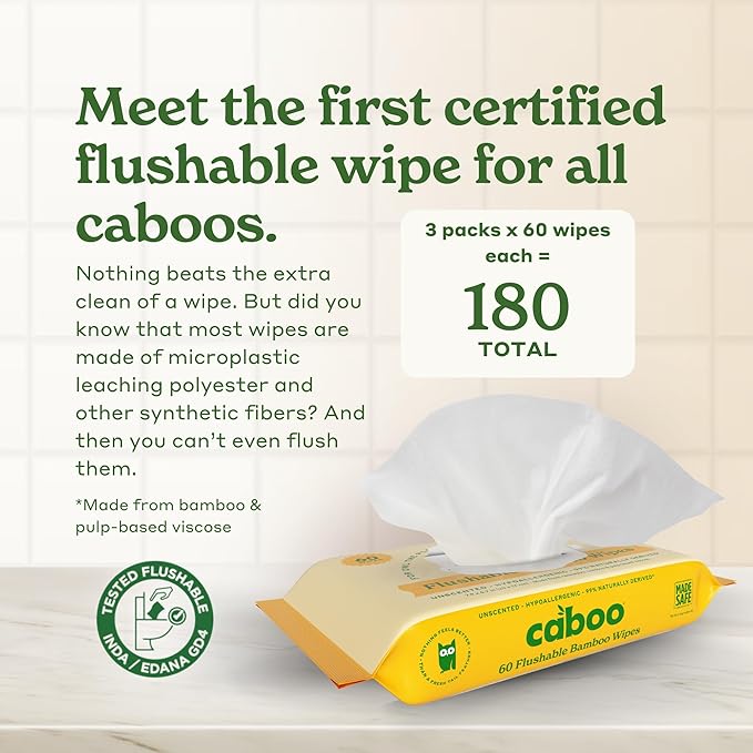 Caboo Tree Free Flushable Wipes, Certified Flushable, Septic Safe, Biodegradable, Chemical Free, Unscented Wipes for Adults made with Renewable Bamboo Based Viscose (Pack of 3, Total of 180)