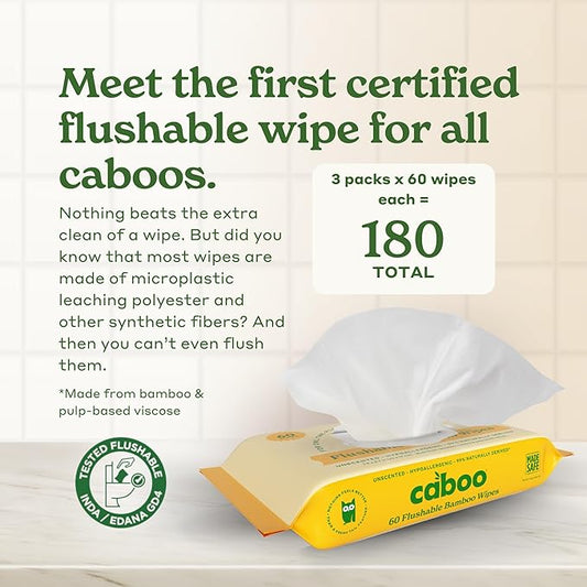 Caboo Tree Free Flushable Wipes, Certified Flushable, Septic Safe, Biodegradable, Chemical Free, Unscented Wipes for Adults made with Renewable Bamboo Based Viscose (Pack of 3, Total of 180)