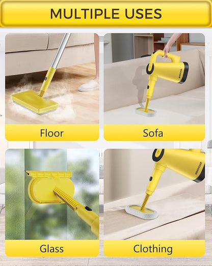 Steam Mops for Floor Cleaning, with 7-in-1 Attachments, 13OZ Water Tank, 23ft Power Cord, Detachable Handheld Steamer for Cleaning Hardwood, Tile, Glass, and Ironing (Yellow-A1)