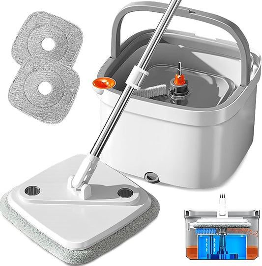 KZKR Spin Mop and Bucket Set with Self Separation Dirty and Clean Water System, Self Wringing 360° Rotating Square Mop Head for Home Floors Cleaning (1.0 Mop and Bucket Set (2 Pads))