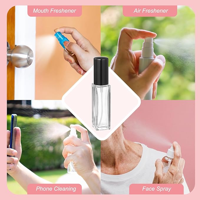 uxcell 8ml Glass Mini Perfume Bottles, 20Pcs Fine Mist Bottles Refillable Empty Mini Spray Bottles with Aluminized Nozzle for Perfume, Travel Liquid, Essential Oil (Clear/Black)