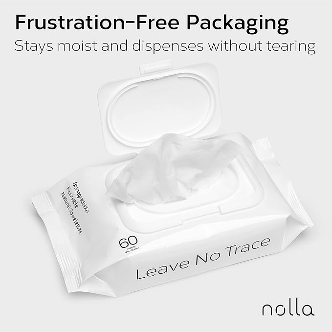 Nolla Flushable Wipes, 100% Plant-Based, Plastic-Free and Biodegradable - For Adults and Kids - Unscented + Soothing Aloe and Vitamin E 360 Count (6 Packs of 60)