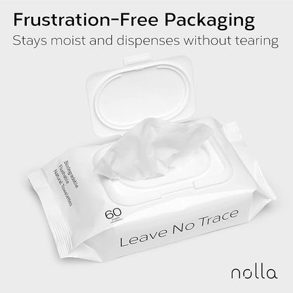Nolla Flushable Wipes, 100% Plant-Based, Plastic-Free and Biodegradable - For Adults and Kids - Unscented + Soothing Aloe and Vitamin E 360 Count (6 Packs of 60)