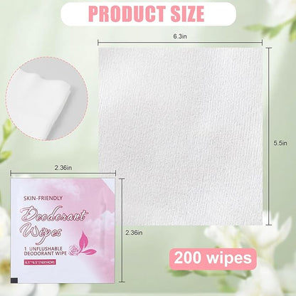 200 Pcs Deodorant Wipes Individually Wrapped Mini Deodorant Travel Size Wet Armpit Wipes Travel Deodorants Bulk for Women Men Homeless Personal Cleansing Wipe Butt Hands Face Underarm Sports(Rose)