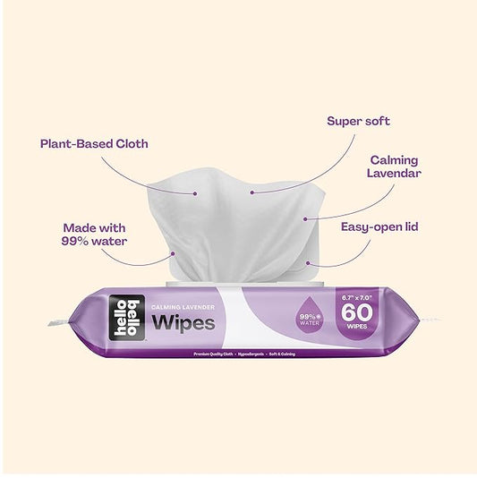 Hello Bello Extra Gentle Lavender Scented Baby Wipes, Made with 99% Water and Aloe for Babies and Kids, 60 Count (Pack of 9) Total 540 Count