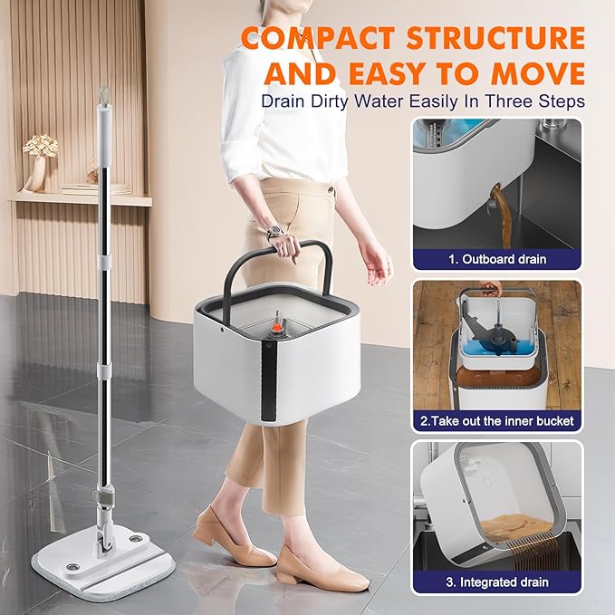 Upgraded Self-Standing Spin Mop and Bucket System, Detachable Inner Mop Bucket That Separates Dirty Water & 90° Foldable Head, Triple-Scrubbing System, for Hardwood Floors - White with 6 Pads