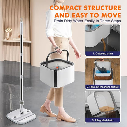 Upgraded Self-Standing Spin Mop and Bucket System, Detachable Inner Mop Bucket That Separates Dirty Water & 90° Foldable Head, Triple-Scrubbing System, for Hardwood Floors - White with 6 Pads