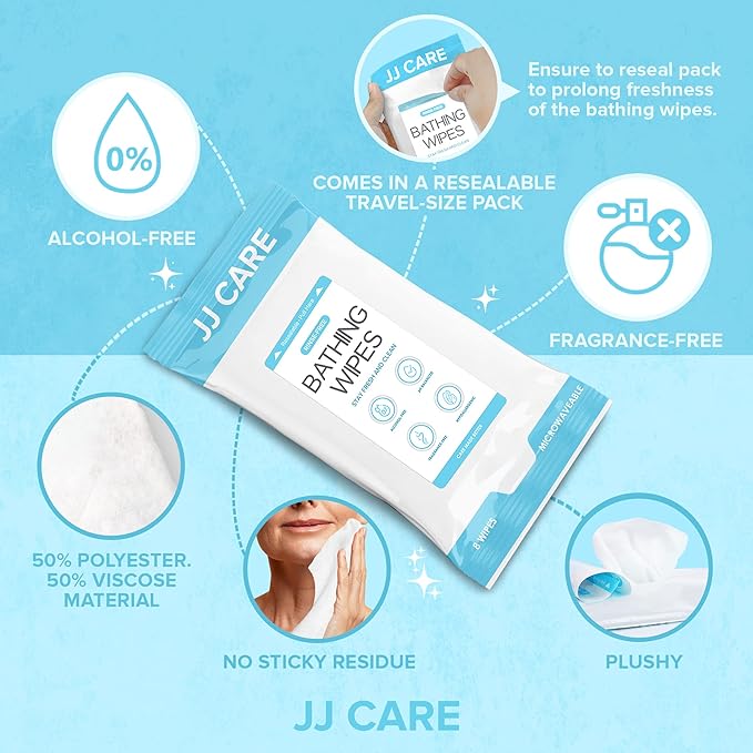 JJ CARE Body Wipes for Adults Bathing - Pack of 25 Shower Wipes For Adults Rinse Free, 200 Count Disposable No Rinse Disposable Washcloths, Waterless Body Wash for Elderly