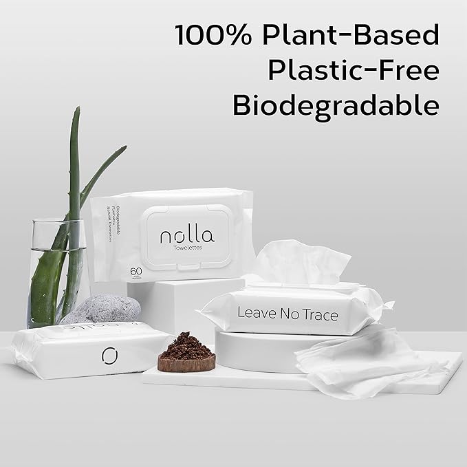 Nolla Flushable Wipes, 100% Plant-Based, Plastic-Free and Biodegradable - For Adults and Kids - Unscented + Soothing Aloe and Vitamin E 360 Count (6 Packs of 60)